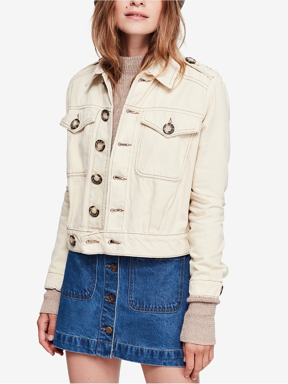 Free People Eisenhower Denim Jean Oversized Jacket Ivory Buttons Size Medium